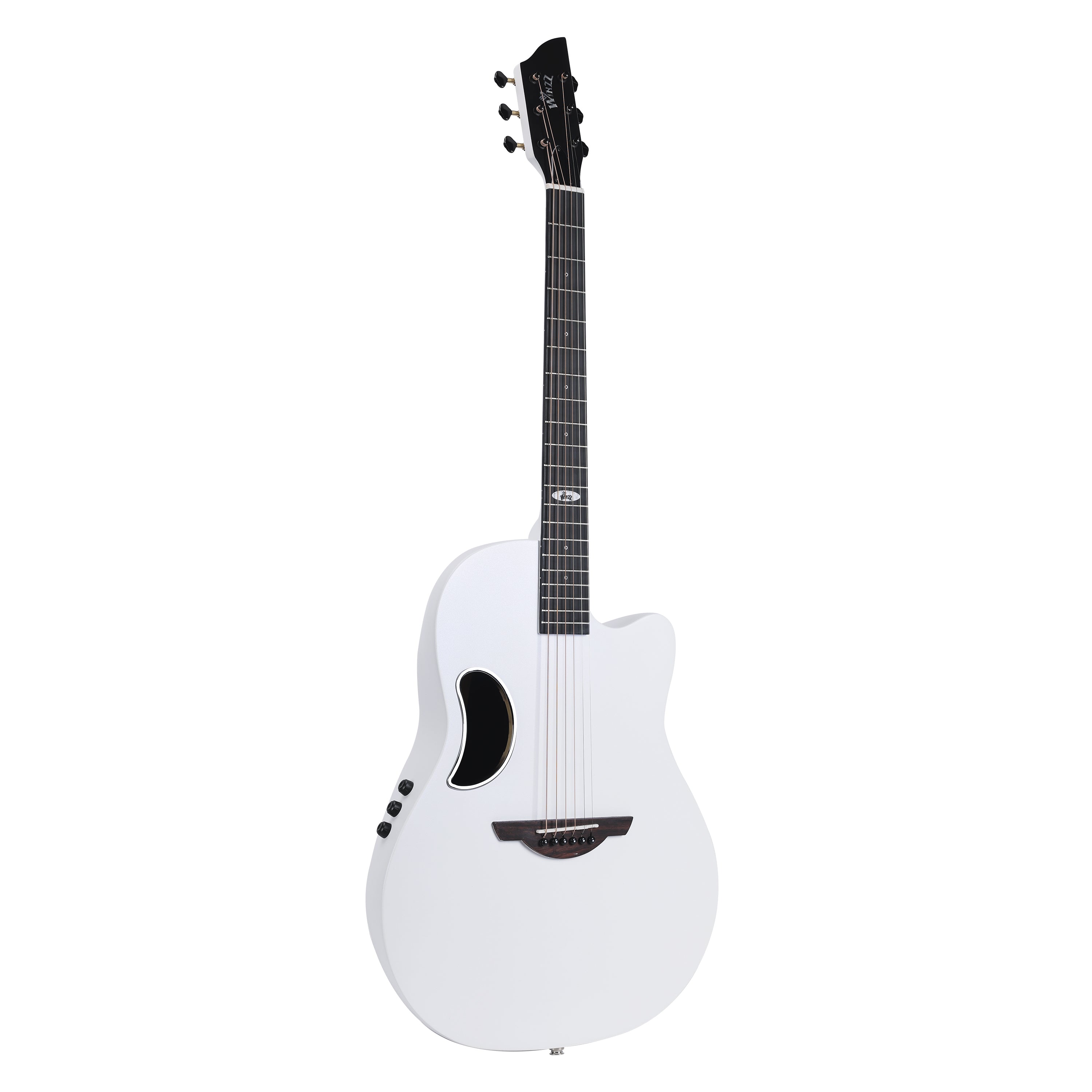 WINZZ AFO300CE Solid Spruce Top with Carbon Fiber Back Electro-Acoustic Guitar in matte white with a touch of sparkle, offering durability, lightweight design, and superb sound quality.